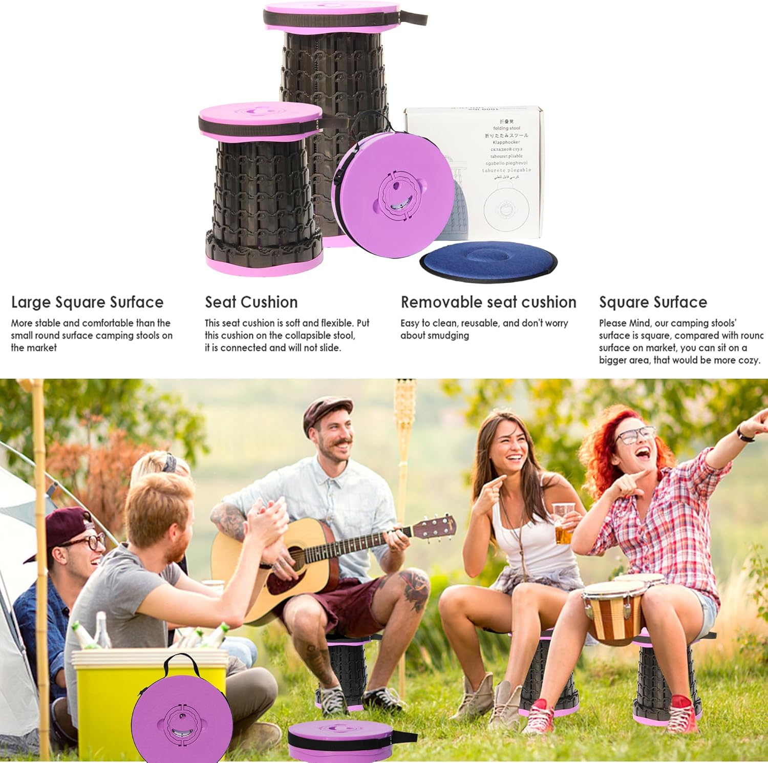 Collapsible Stool fully assembled with cushion